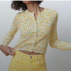 Zara yellow floral KNIT JACQUARD cardigan Size M NWT